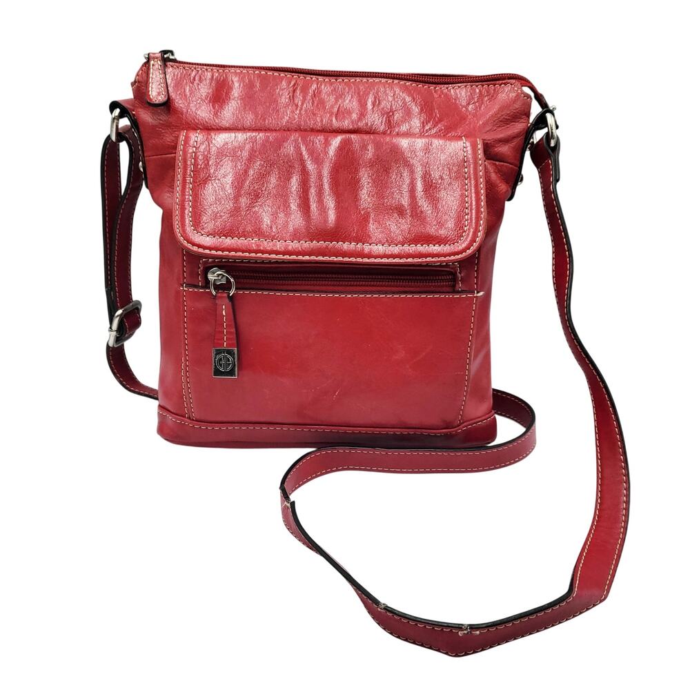 Giani Bernini Red Genuine Leather Stitched Detail Zip Closure Crossbody Chic